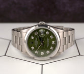 Rolex Date 34mm Ladies Green Motif Diamond Dial Oyster Steel Watch 15000